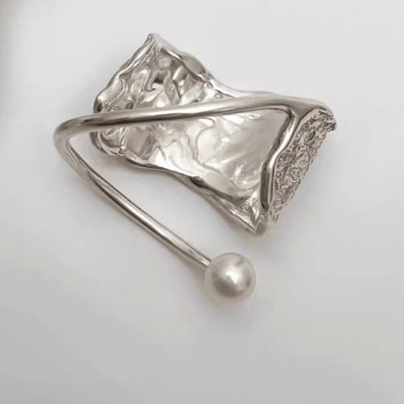 S925 Sterling Silver Textured Pearl Open Ring - Picture 3 of 4